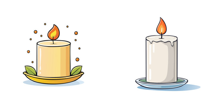 Two illuminated candles burning brightly with flames on small plates