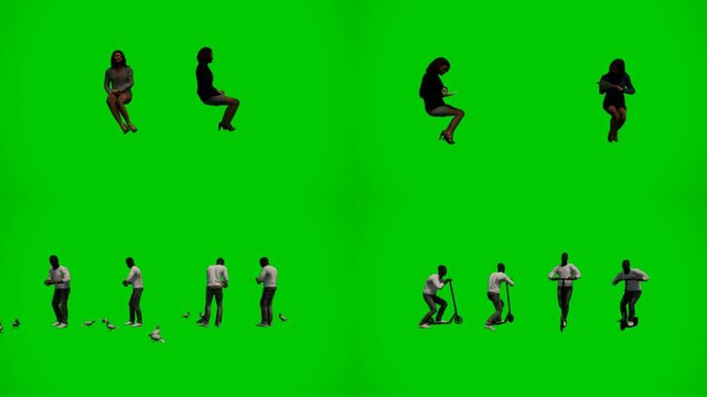 3d animated cartoon animation people sitting and relaxing on green screen chromakey background. Diverse animated characters in seated poses and casual positions creating natural waiting or resting sce