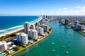 Obraz premium Aerial view of coastal city with high-rise buildings, turquoise waterway and sailboats under clear blue sky