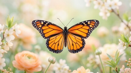 Obraz premium Vibrant Monarch Butterfly with Spread Wings in a Dreamy Pastel Garden, showcasing the beauty of nature and the arrival of spring with soft light and delicate blossoms