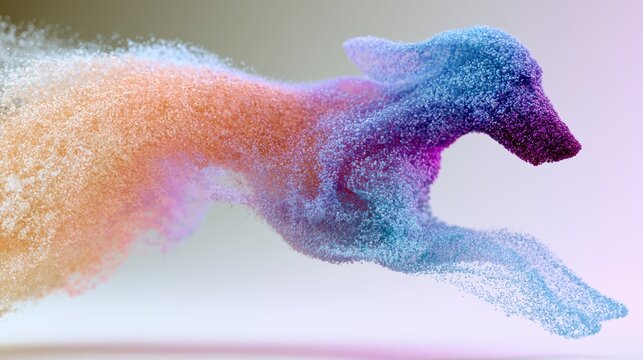 colorful swirls form a joyous dog shape floating in a modern gallery space, evoking happiness and ethereal beauty