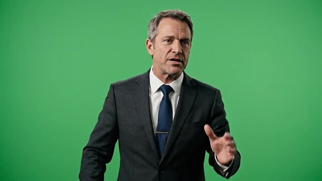 Man in suit speaking to camera against green screen background