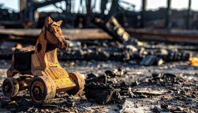 A child's charred wooden toy horse, a poignant relic of fire damage, stands amidst the ruins.