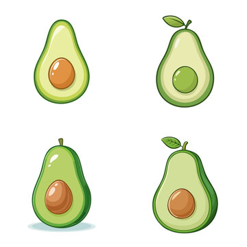 Set of cartoon avocados with stylized leaves and seeds in different variations