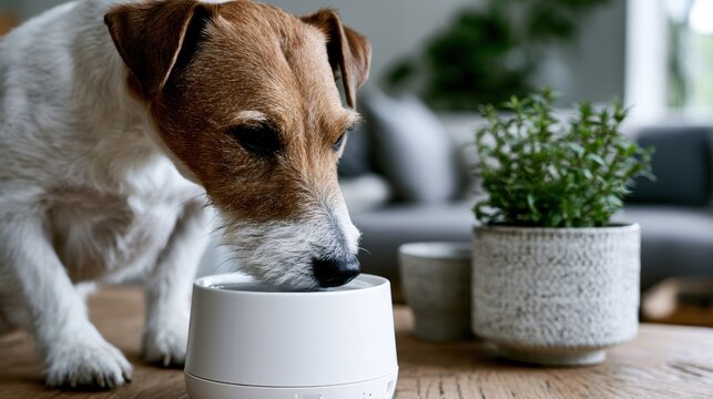 smart pet care devices, dog interacting with smart feeder and accessories in modern home displays innovative pet care tech in high-quality video