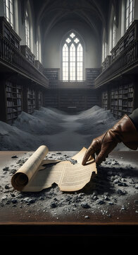 Echoes of Eras Past A gloved hand gingerly unrolls an antique scroll, its secrets emerging from the profound silence of a vast, dust-choked gothic archive