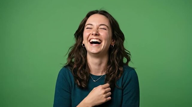 Woman laughs joyfully with hand on chest against green background