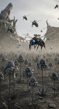Futuristic robotic bees and strange alien plants in a surreal landscape under a hazy sky