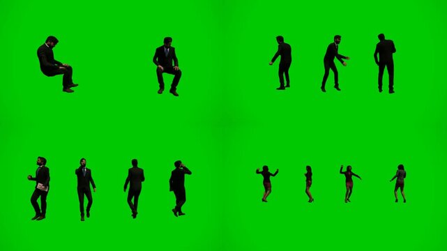 3d animated cartoon animation group of people standing gesturing and moving on green screen chromakey background. Animated characters showing natural body language and interactions ideal for social ur