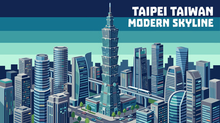 Obraz premium taipei modern skyline with landmark towers vector cartoon downtown taiwan travel destination