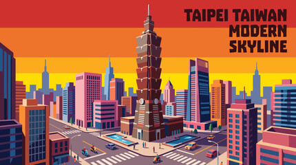 Naklejka premium taipei modern skyline with landmark towers vector cartoon downtown taiwan travel destination