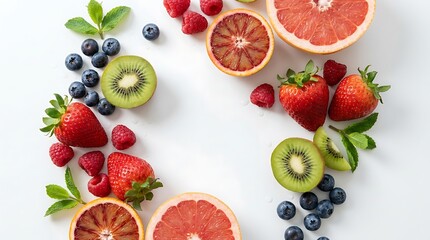 Naklejka premium Assortment of fresh vibrant fruits including strawberries blueberries kiwi and grapefruit slices arranged in circular pattern on white background.