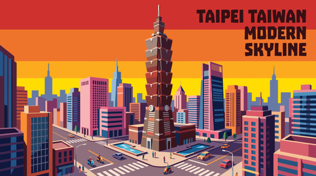 taipei modern skyline with landmark towers vector cartoon downtown taiwan travel destination