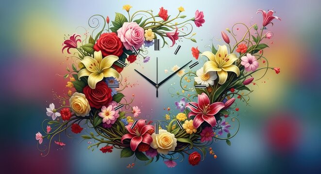 Artistic clock face framed by vibrant roses and lilies