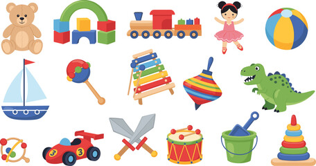 Fototapeta premium Cute Kids Toy Collection Vector Illustration Set Featuring Teddy Bear Train Doll Dinosaur Blocks and Musical Instruments for Nursery Playroom Design
