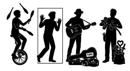 Street Performers Silhouette Collection: Juggler on Unicycle, Magician in Box, Guitarist, Balloon Artist with Tips Jar - Vector Art for Entertainment and Performance Concepts © Abir