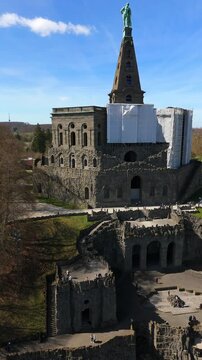 Kassel, Germany - April 6, 2026: Hercules monument aerial front view under restoration Kassel Vertical Video