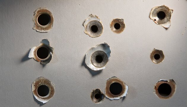 a series of bullet holes in a wall