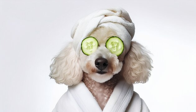 a white poodle dog wearing a white bathrobe and a white towel on its head with cucumber slices on its eyes isolated on white background