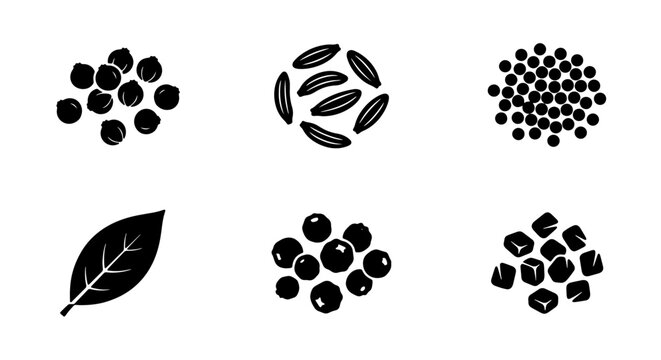 Spice Icons Set: Black Peppercorns, Cumin Seeds, Coriander Seeds, Bay Leaf, Allspice Berries, Cubed Spices, Culinary Ingredient Graphics, Food Seasoning Vector Elements