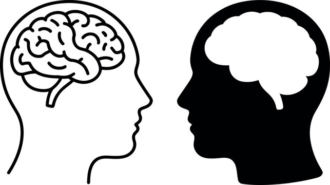 Two human heads silhouette showing brain thinking and empty brain
