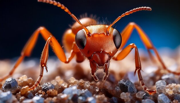 close up of an orange ant on a granular surface detailed macro insect photography