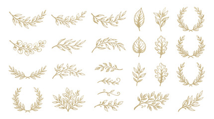 A collection of golden laurel leaves and wreaths on a white background , jpg, vector icons sets, png, © PYARA