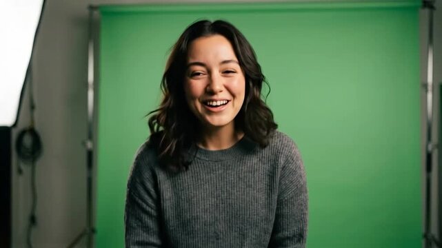 Young woman laughing brightly in front of green screen studio backdrop