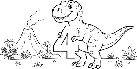 Obraz premium Cartoon Dinosaur Holding Number Four Coloring Page