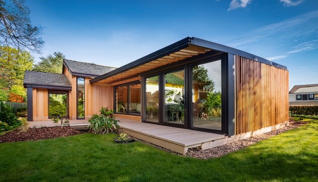 modern timber frame extension on a traditional house showcasing design and connection with the garden