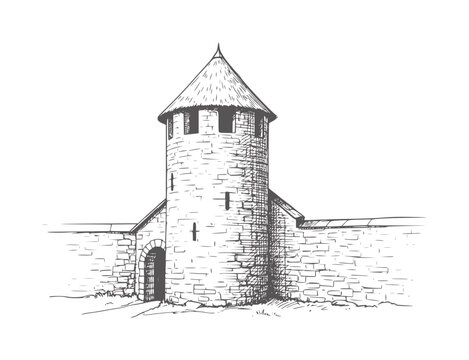 Black and white of medieval stone watchtower with conical roof blackandwhite