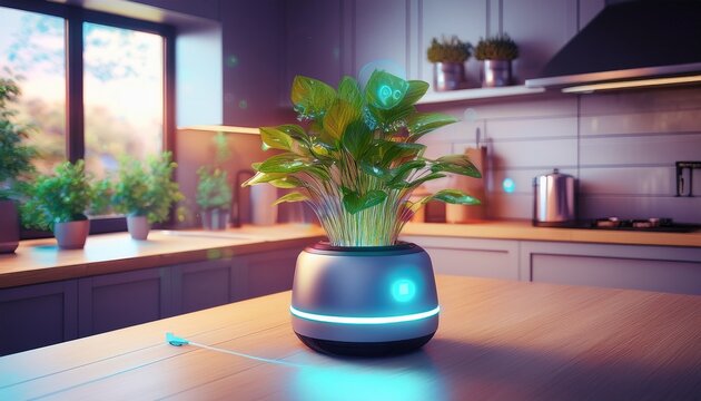 stylish smart plant pot ai powered self watering smart planter in modern kitchen interior