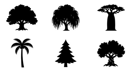 Diverse Tree Silhouettes Collection, Six Vector Icons for Nature and Landscape Design, Evergreen and Tropical Flora Graphics © Imtiaz