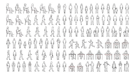 Architectural scale figures in minimalist line art style, set of diverse people vector outlines, human silhouettes for floor plans and sections © Chaudhary