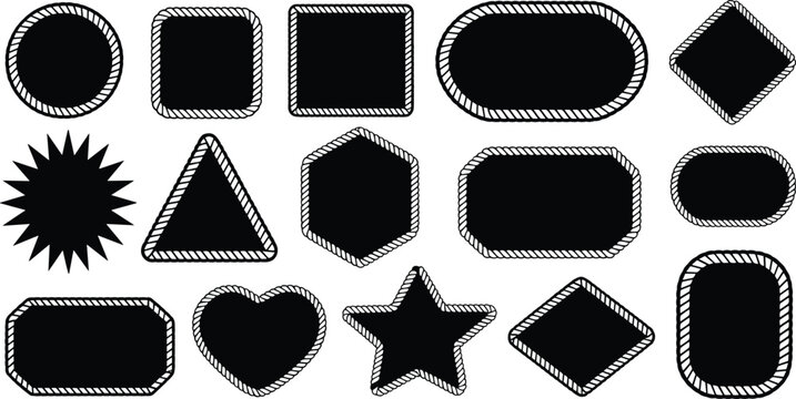 Vintage rope border label vector set, silhouette badge stickers with stitched effect frame