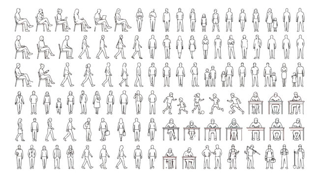 Architectural scale figures in minimalist line art style, set of diverse people vector outlines, human silhouettes for floor plans and sections