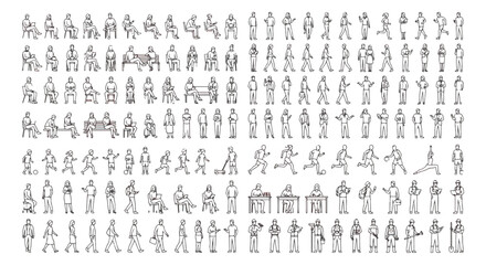 Architectural scale figures in line art style, minimalist people silhouettes for floor plans, collection of human vector outlines for CAD drawings © Chaudhary