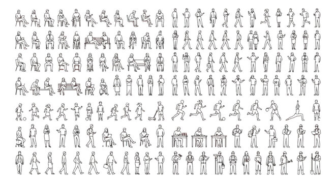 Architectural scale figures in line art style, minimalist people silhouettes for floor plans, collection of human vector outlines for CAD drawings