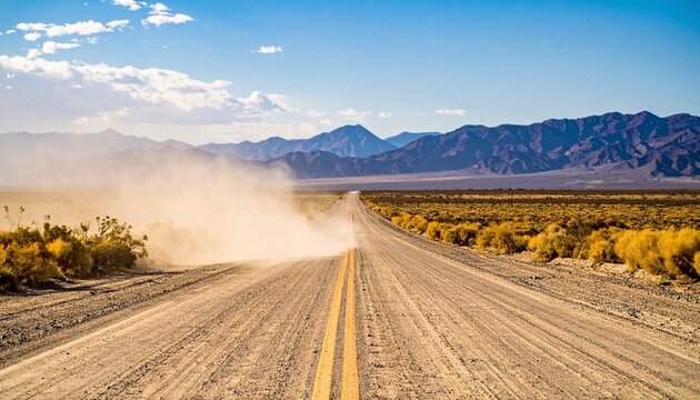 Dusty road through Death Valley with mountains in the distance.