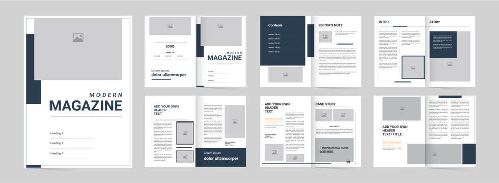 Modern Minimalist Magazine Layout Template with Geometric Dark Blue Accents, Corporate Brochure and Editorial Newsletter Design Spreads