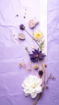 Aesthetic composition of dried flowers and delicate blossoms arranged on a textured purple background for a minimalist botanical flat lay.