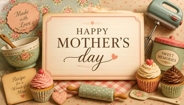 Happy Mother's Day Sweetness: A delightful collection of cupcakes, kitchenware, and a heartwarming sign celebrating Mother's Day, creating a charming and festive atmosphere.