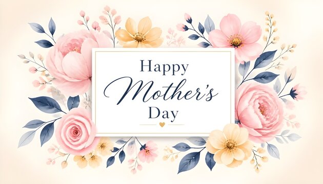 Happy Mother's Day Greeting Card: A beautiful watercolor illustration of soft pink and yellow flowers and dark blue leaves framing a central message of Happy Mother's Day, evoking warmth and love.
