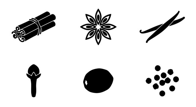 Spice Icons Set: Cinnamon, Star Anise, Vanilla, Cloves, Nutmeg, Peppercorns Vector Graphics for Culinary and Aromatic Designs