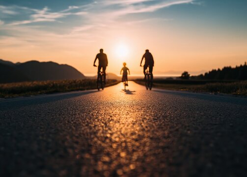 Family cycling together on open road at sunset