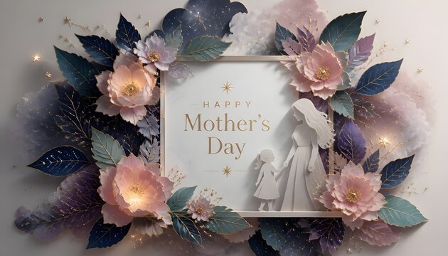 Mother's Day Floral Frame: A beautiful floral arrangement frames a heartfelt message for Mother's Day, featuring delicate paper flowers and a silhouette of a mother and child, evoking warmth and love.