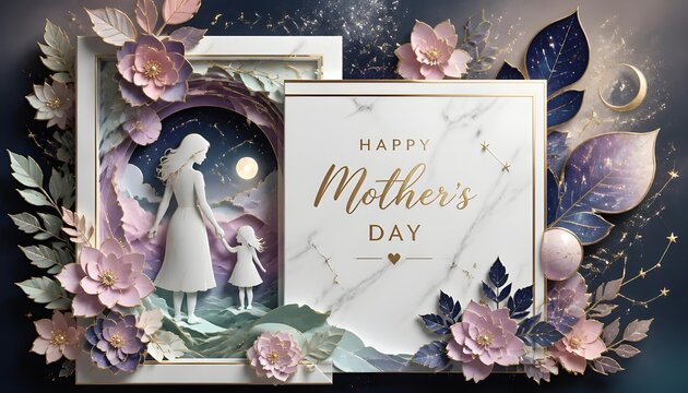 A Tender Embrace: A heartfelt Mother's Day card illustration featuring a mother and child silhouette against a cosmic backdrop.