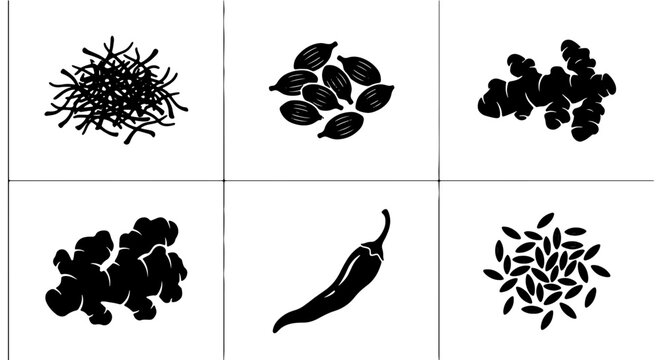 Six Spice Icons: Ginger, Chili Pepper, Cardamom, Cumin Seeds, Star Anise, and Saffron Threads Vector Set. Culinary Ingredients for Food Design and Cooking Graphics.