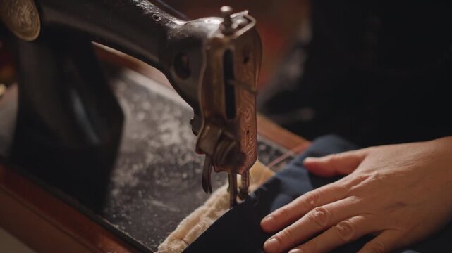 Close up hands guiding navy fabric under antique sewing machine presser foot, careful stitching along wool trim, warm cinematic light, patient craftsmanship and slow steady motion in cozy studio