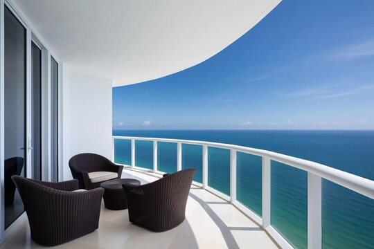 Luxury balcony offering panoramic ocean view and relaxing seating